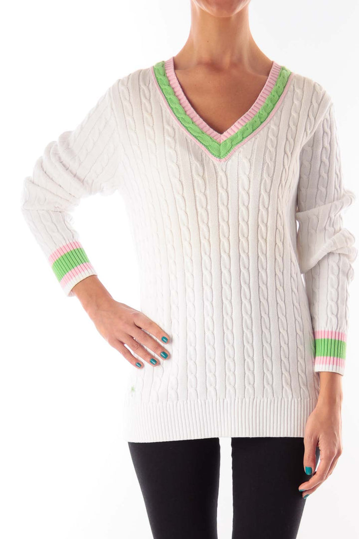 White & Color Neck Knit Sweater