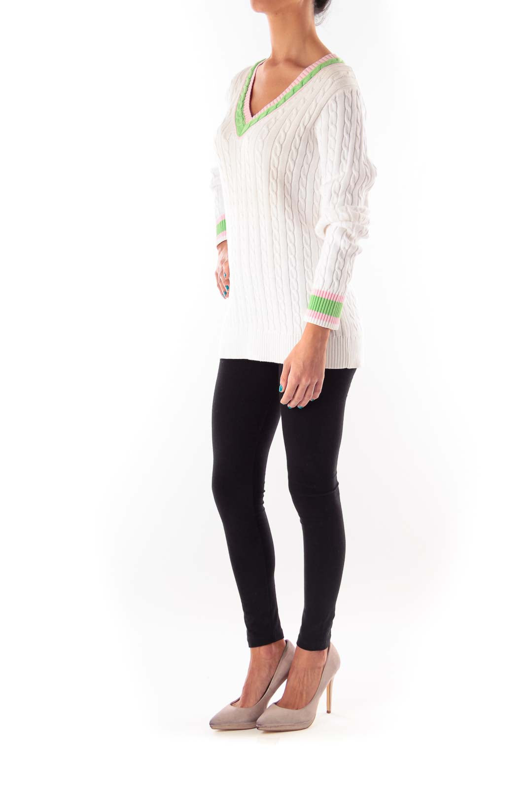 White & Color Neck Knit Sweater