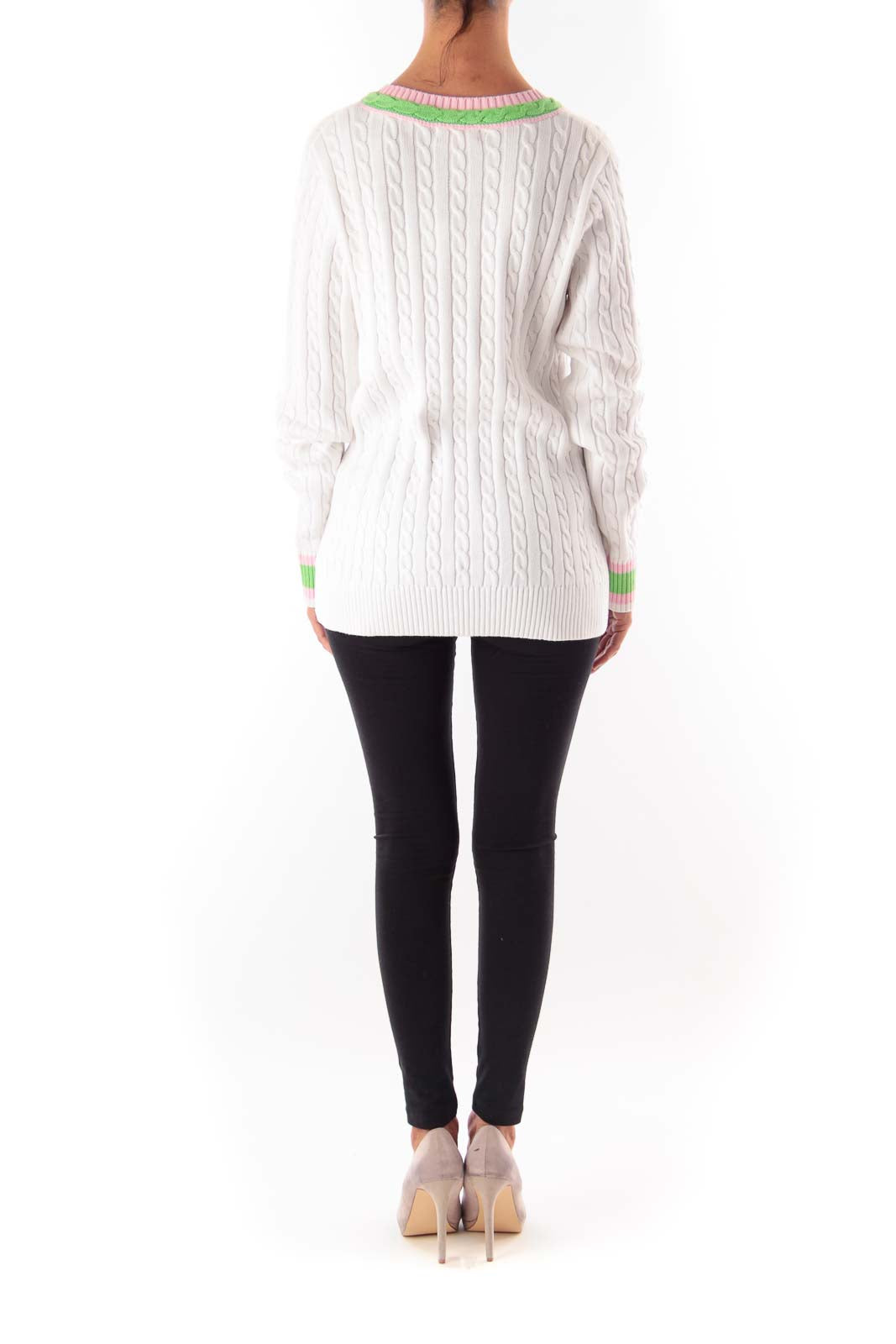 White & Color Neck Knit Sweater