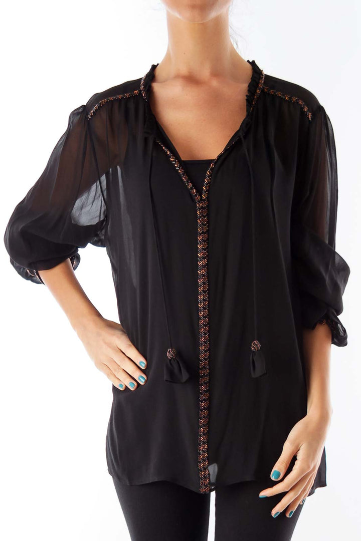 Black See-Through Embroidery Blouse