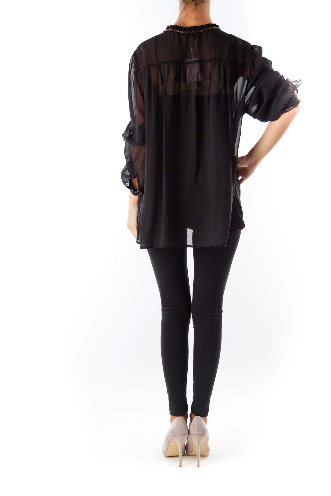 Black See-Through Embroidery Blouse