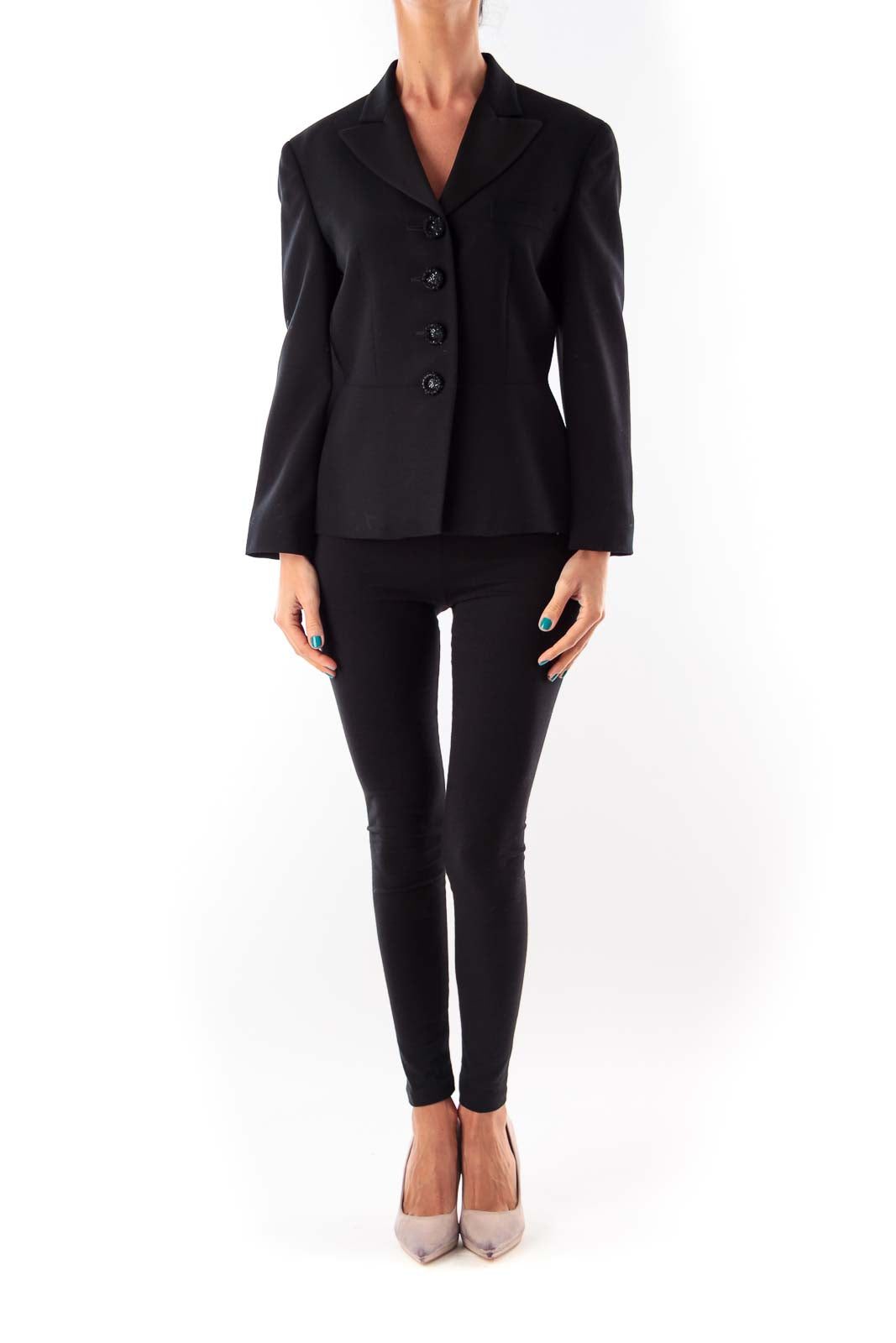 Black Embroider Button Blazer