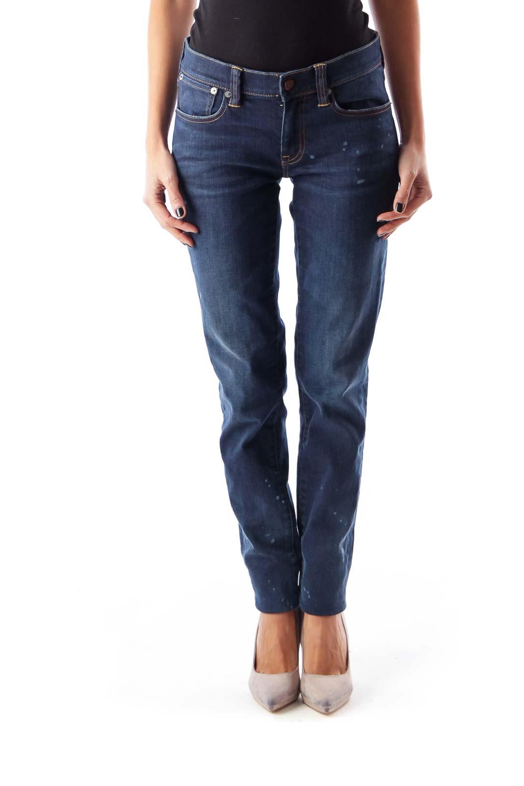 Front view of Ralph Lauren dark blue distressed straight leg jeans on model