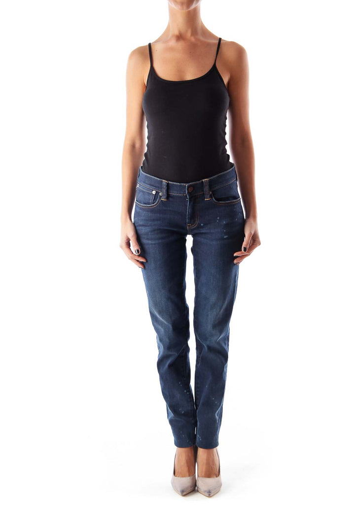 Front view of Ralph Lauren dark blue distressed straight leg jeans on model