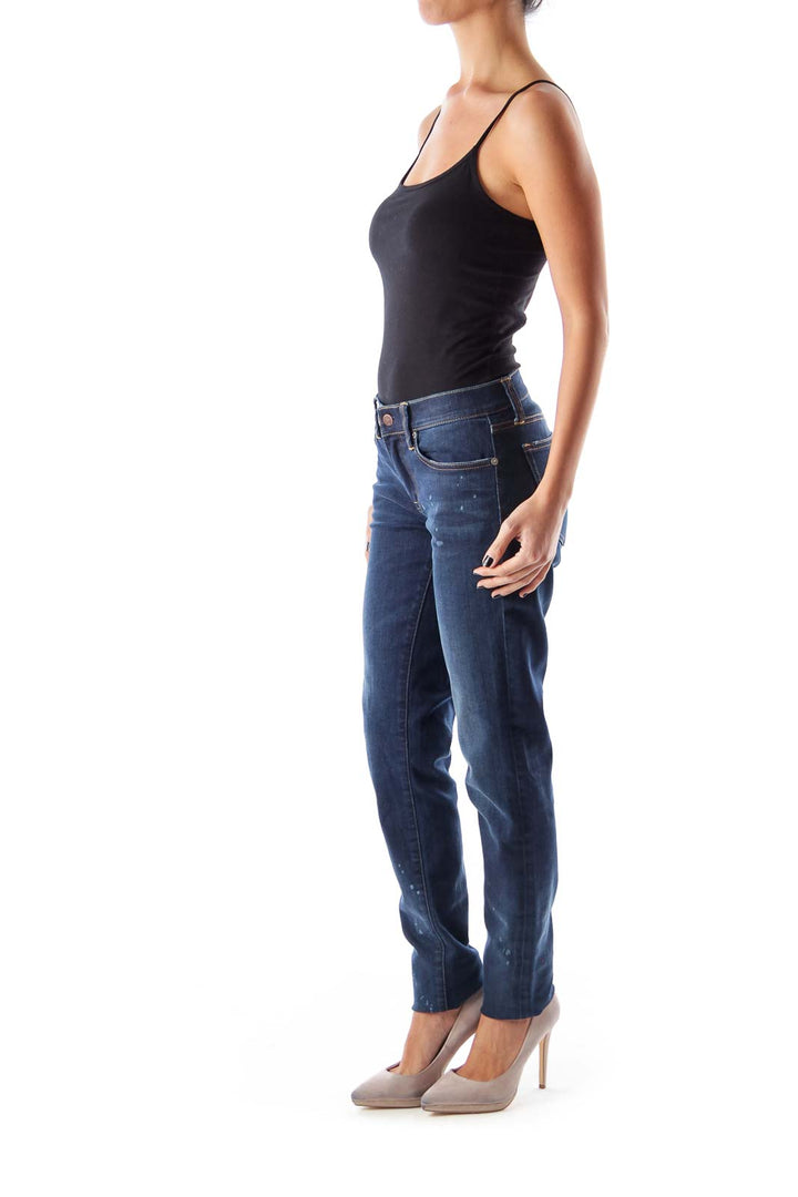 Front view of Ralph Lauren dark blue distressed straight leg jeans on model