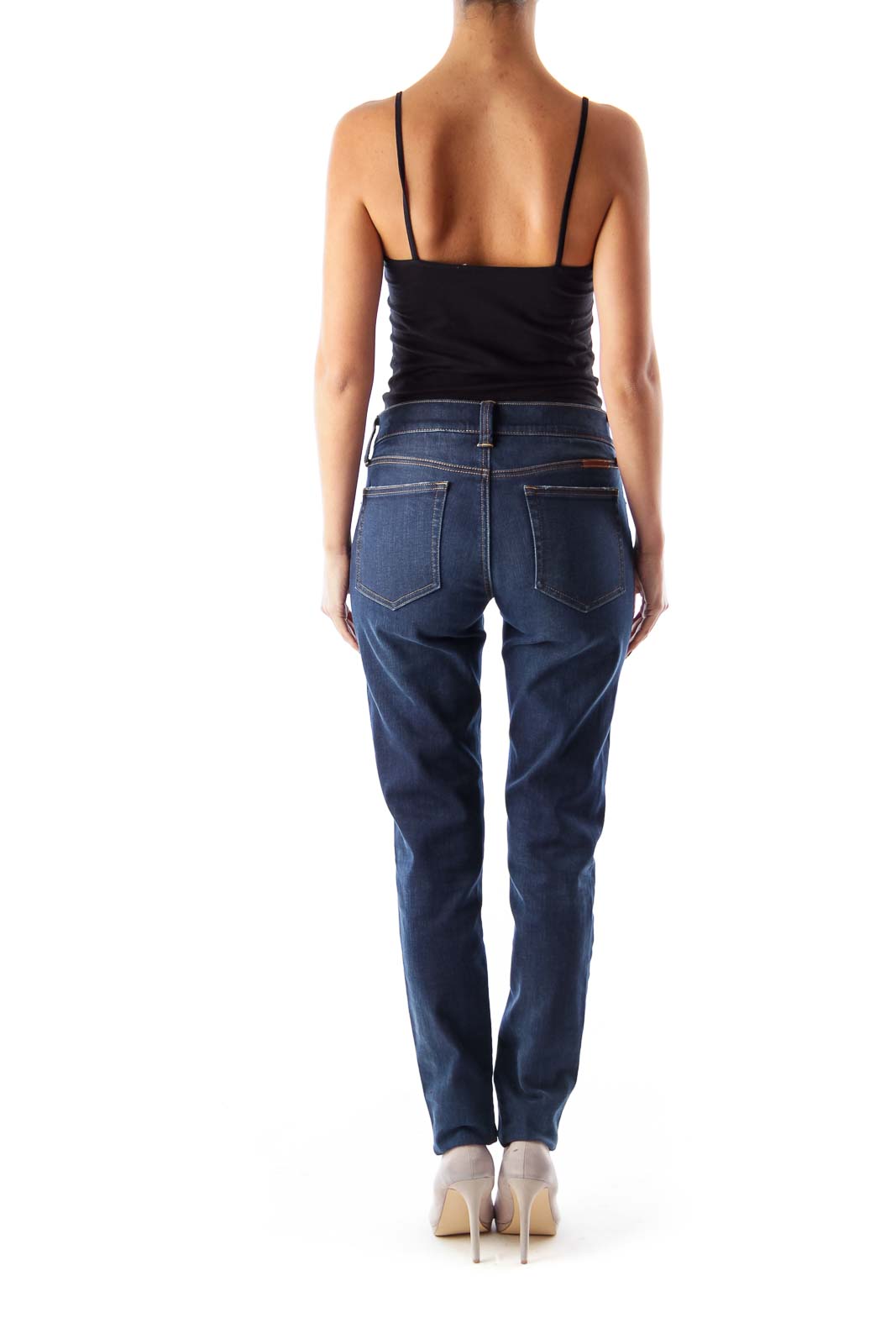 Back view of Ralph Lauren dark blue distressed straight leg jeans on model