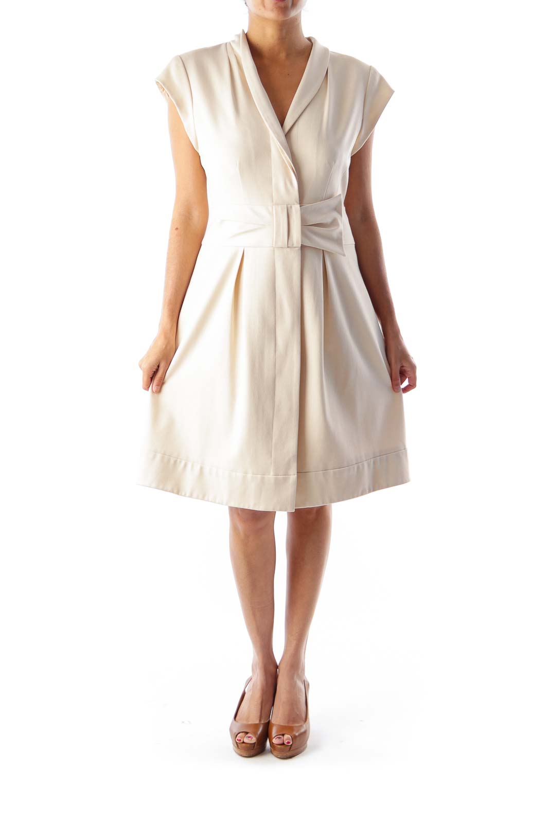 Beige Wrap Bow Dress