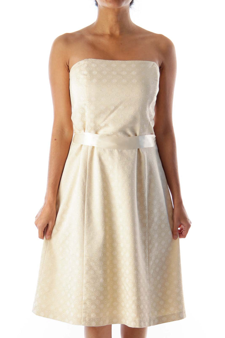 Beige Brocade Strapless Dress