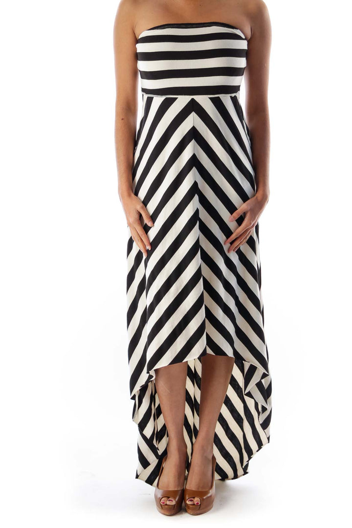 Front view of Free People Black and White Striped Strapless Maxi Dress with high-low hemline