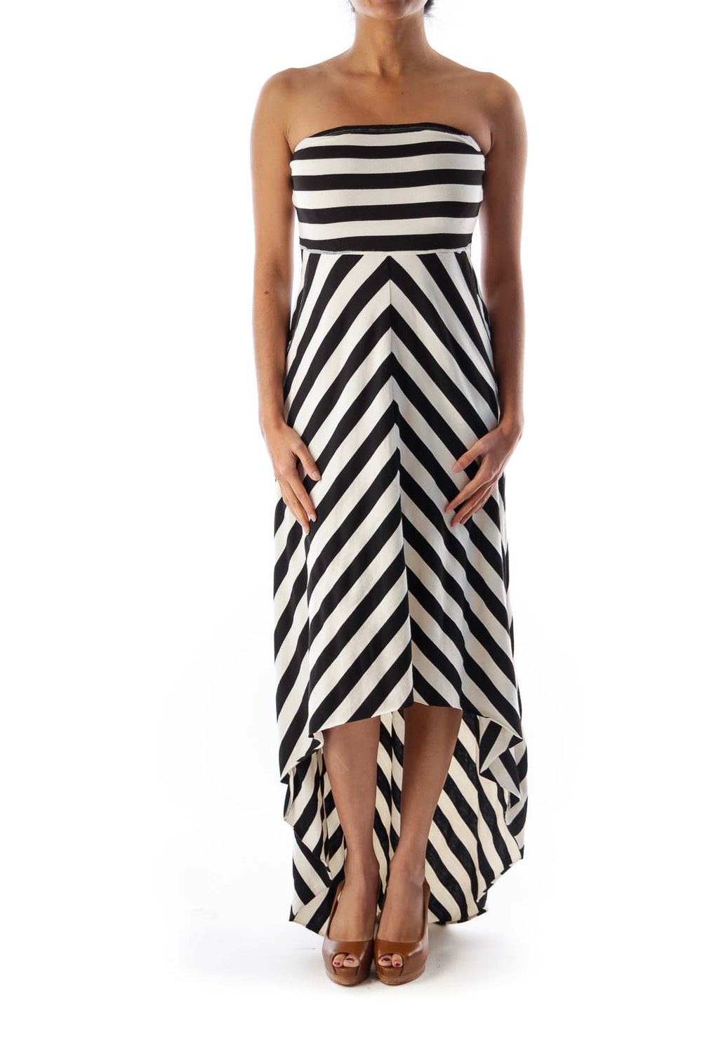 Front view of Free People Black and White Striped Strapless Maxi Dress with high-low hemline