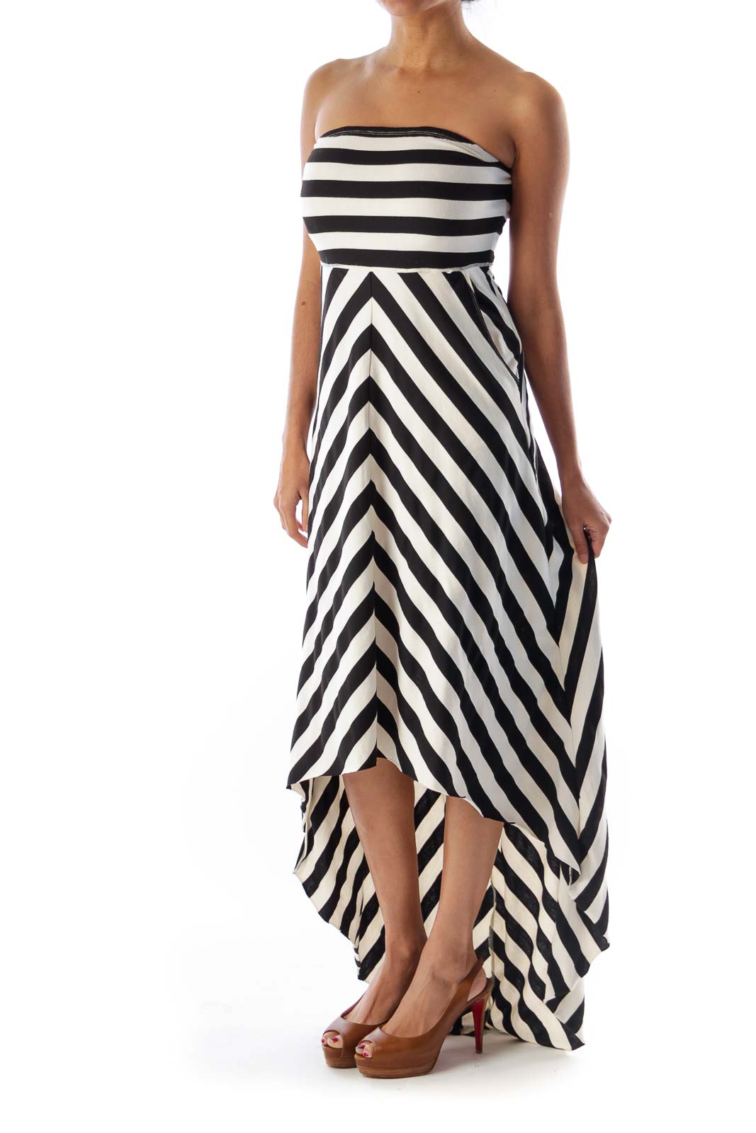 Front view of Free People Black and White Striped Strapless Maxi Dress with high-low hemline