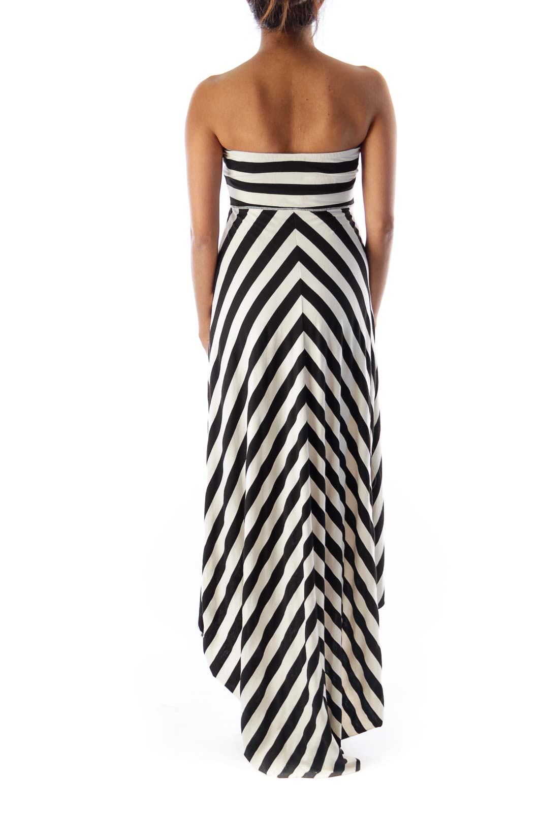 Back view of Free People Black and White Striped Strapless Maxi Dress showing diagonal stripe pattern