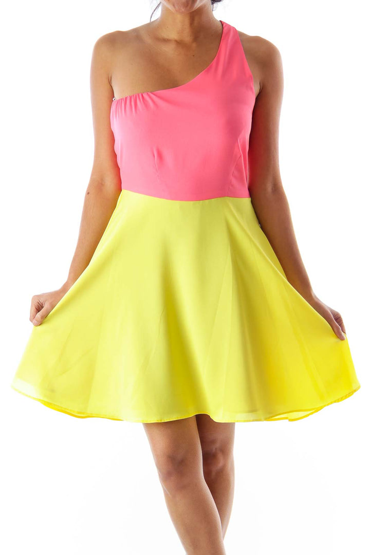 Pink & Yellow One Shoulder Dress