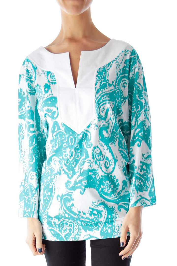 Green & White Print Blouse