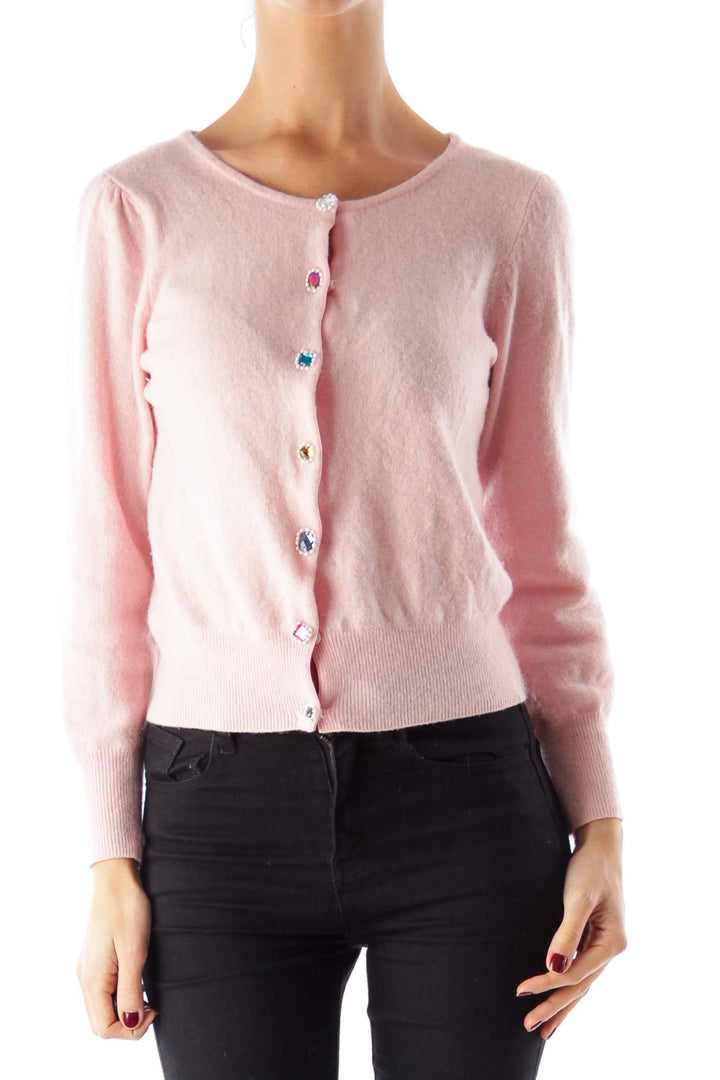 Pink Embellished Button Sweater