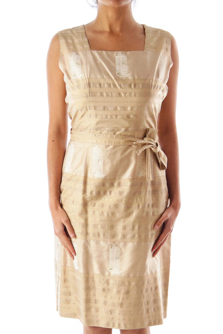 Beige Metallic Print Dress