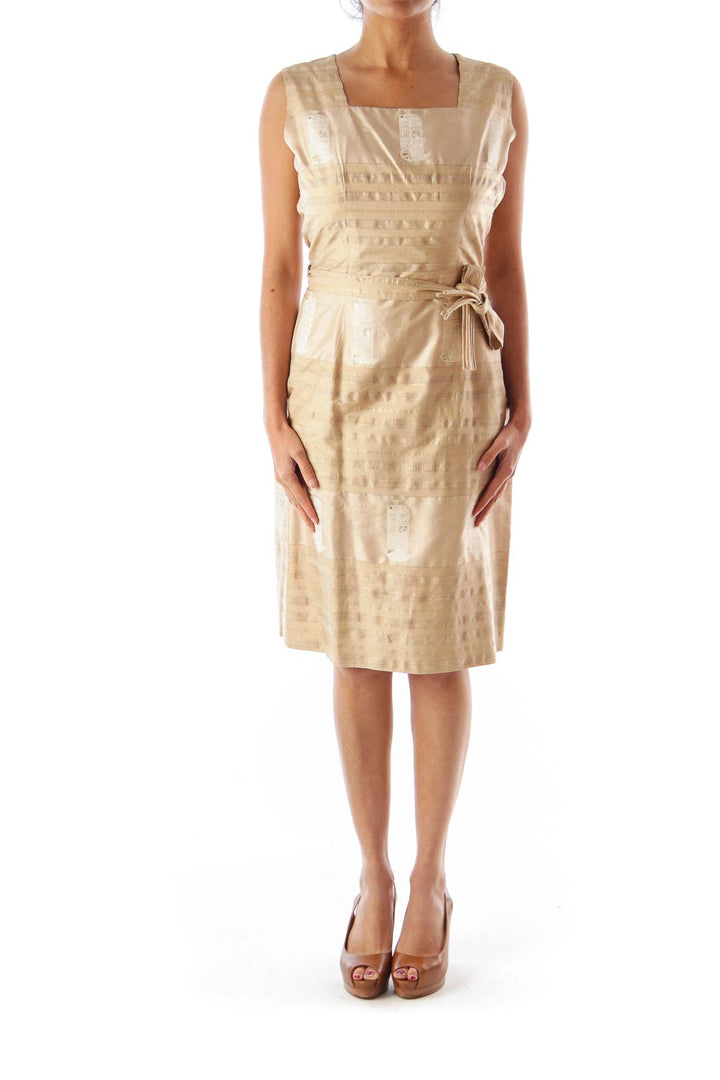 Beige Metallic Print Dress