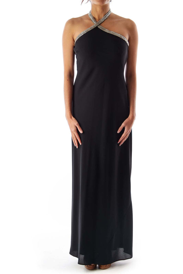 Black Halter Embelished Dress