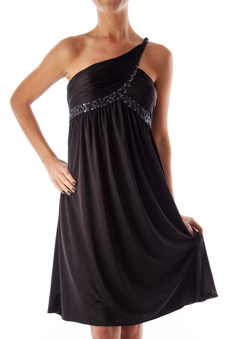 Black Beaded One Shoulder Dress