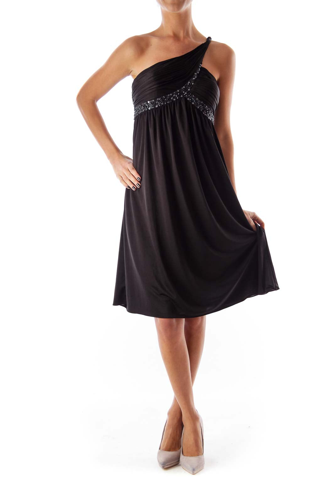 Black Beaded One Shoulder Dress