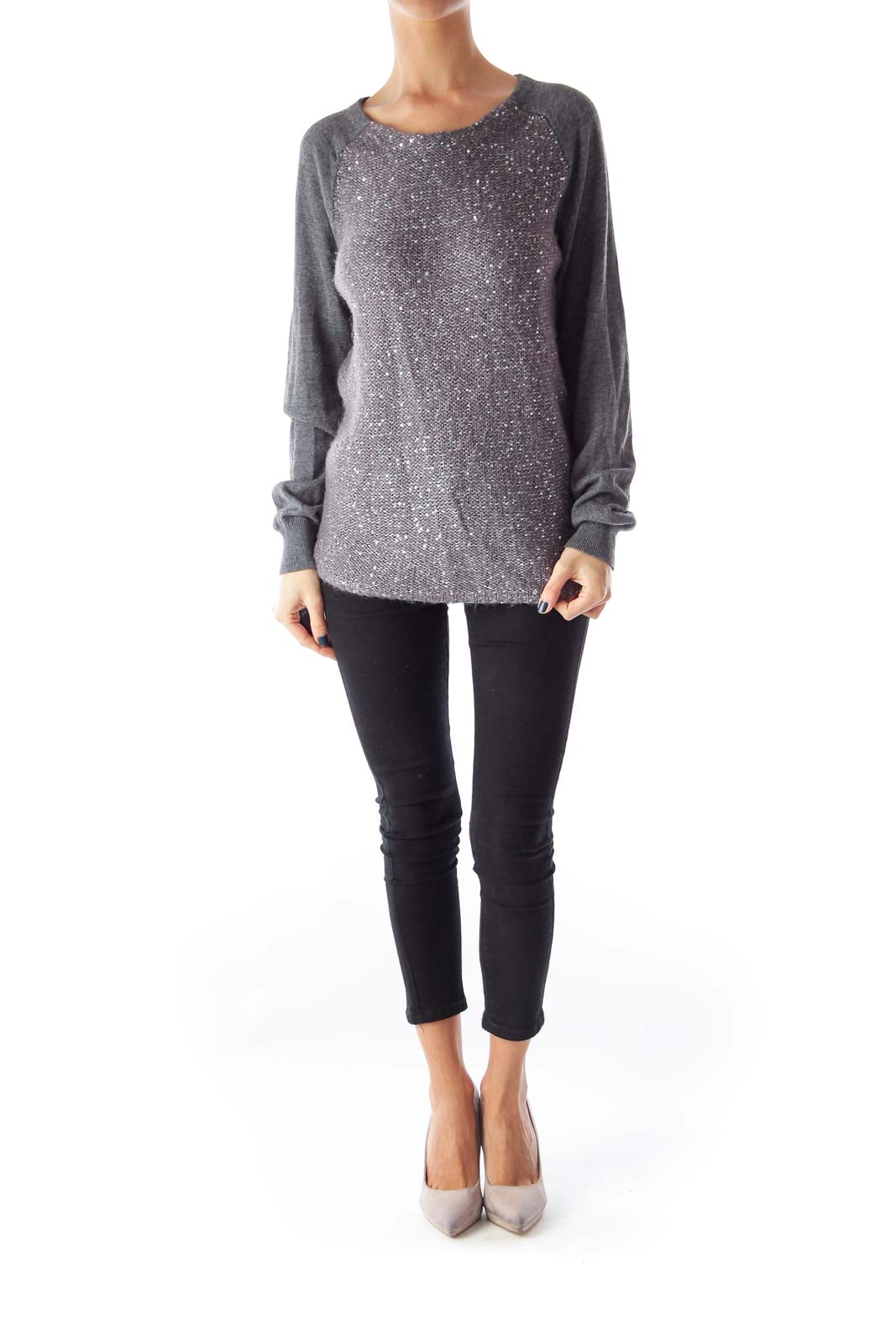 Gray Sequined Round Neck Sweater