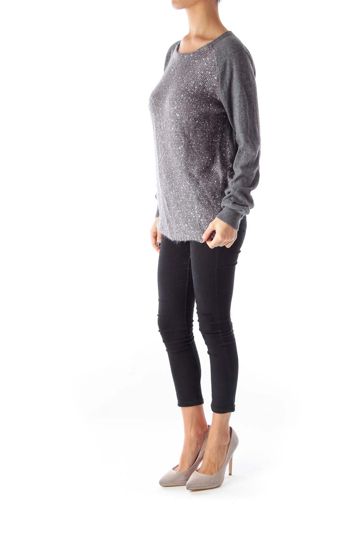 Gray Sequined Round Neck Sweater