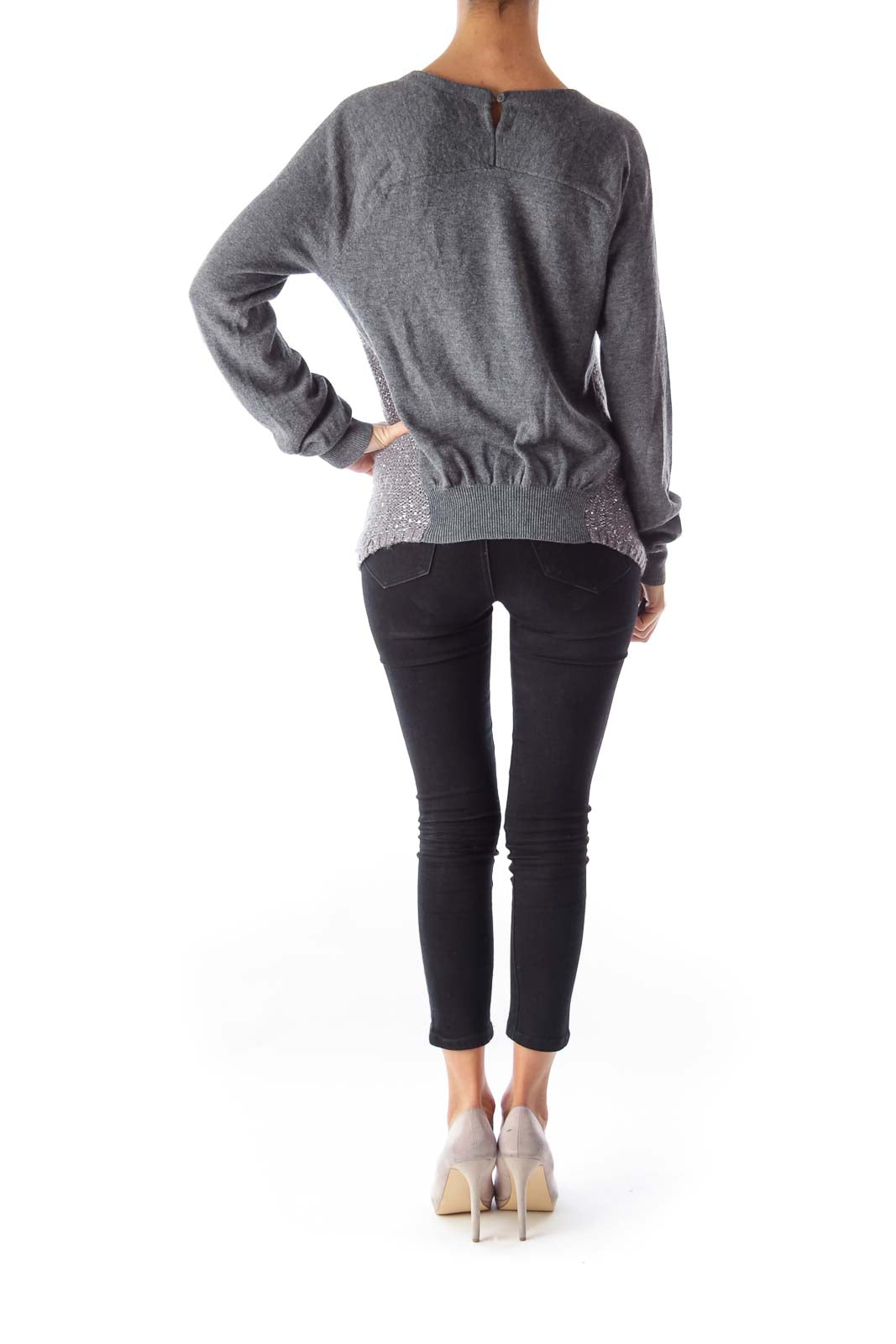 Gray Sequined Round Neck Sweater