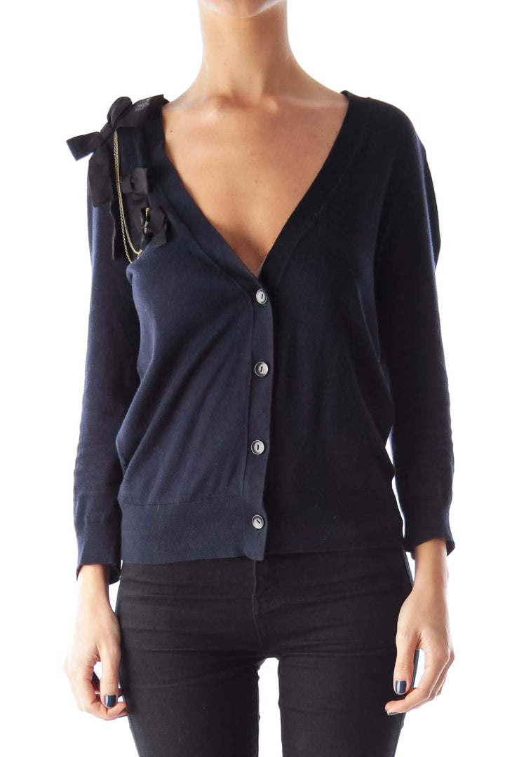 Navy Button Down Ribbon Detail Sweater