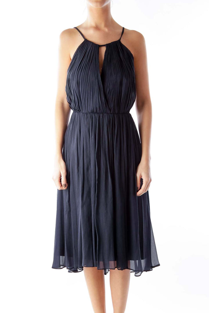 Navy Silk Pleated Dress