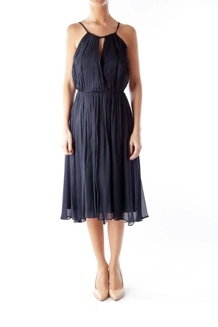 Navy Silk Pleated Dress