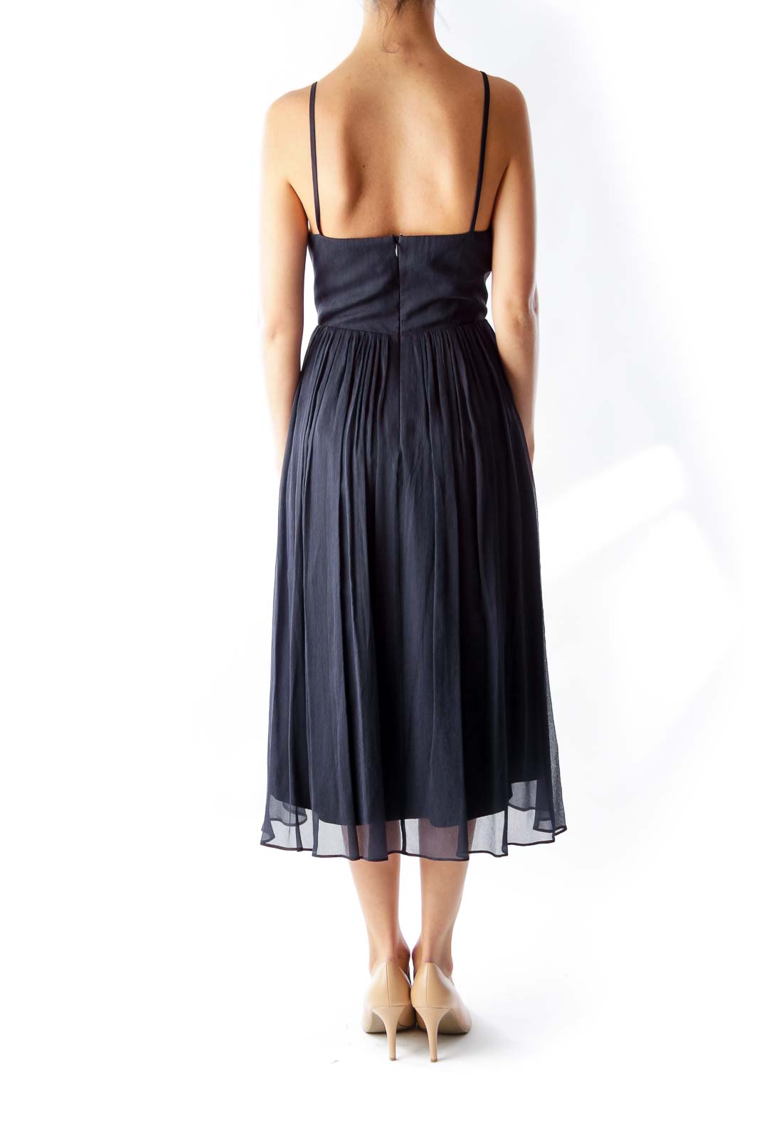 Navy Silk Pleated Dress