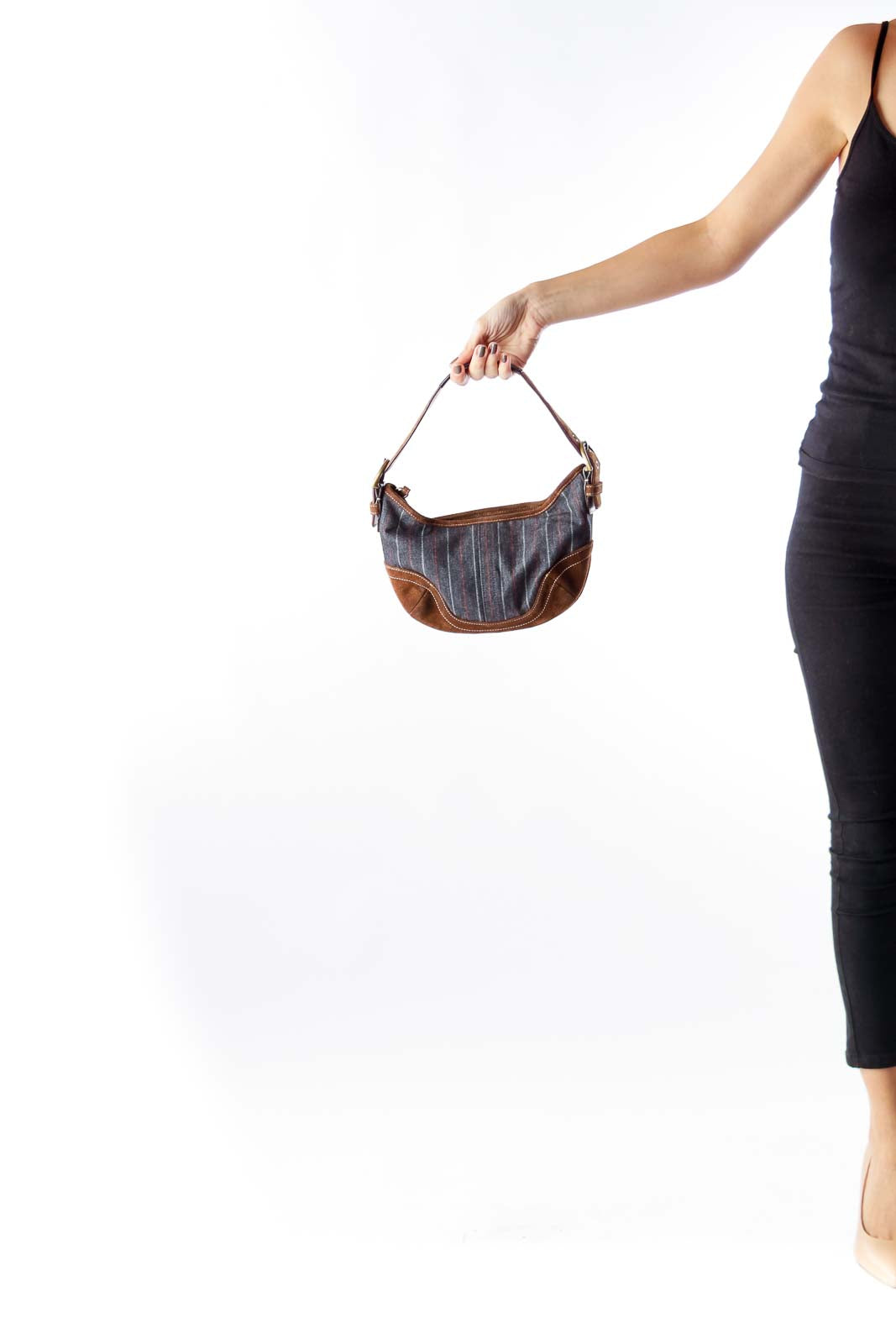 Brown Suede & Denim Shoulder Bag