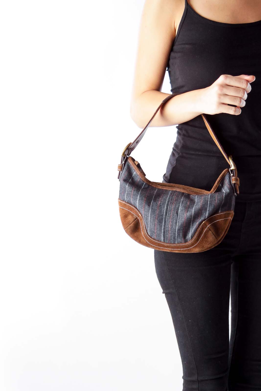 Brown Suede & Denim Shoulder Bag