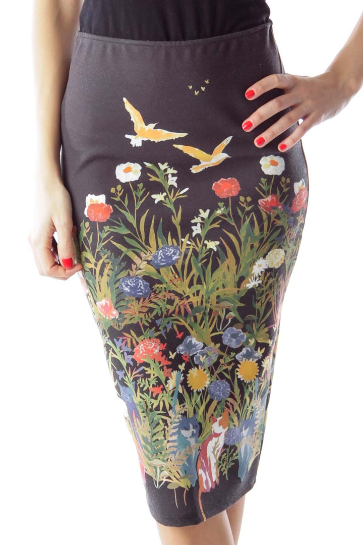 Black Floral Print Midi Skirt