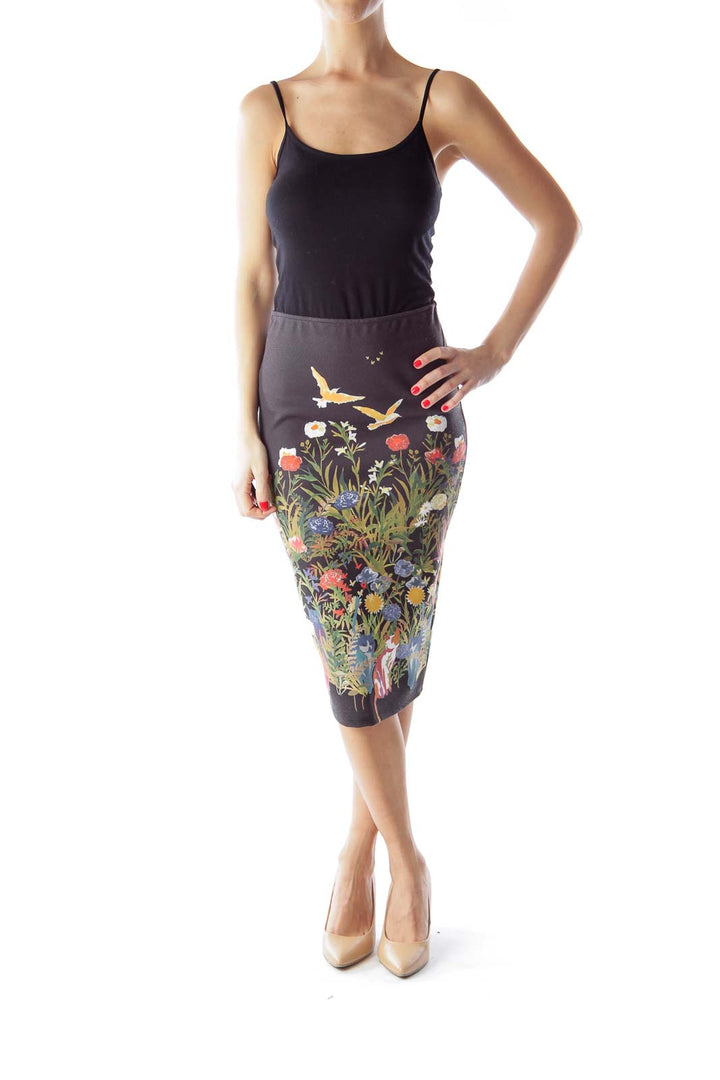 Black Floral Print Midi Skirt