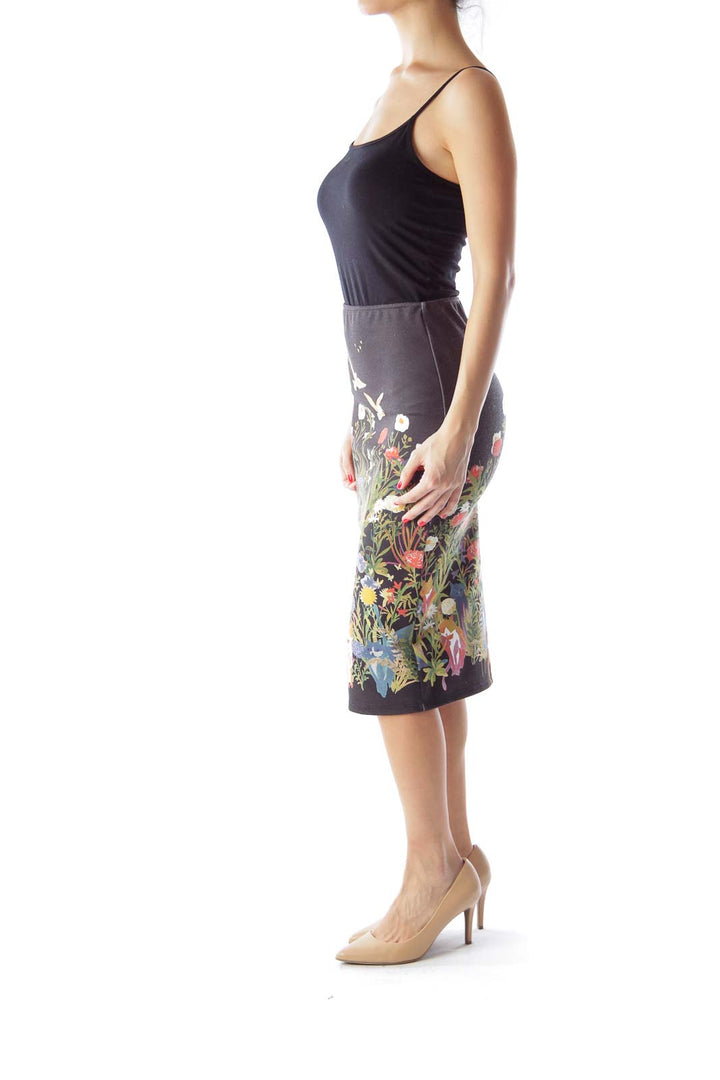 Black Floral Print Midi Skirt