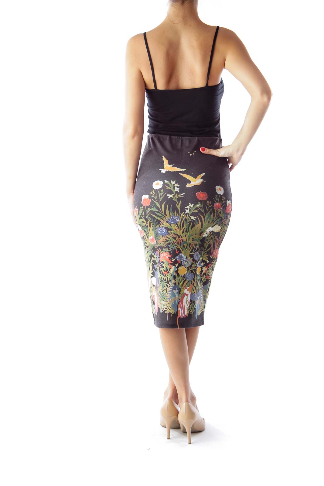 Black Floral Print Midi Skirt