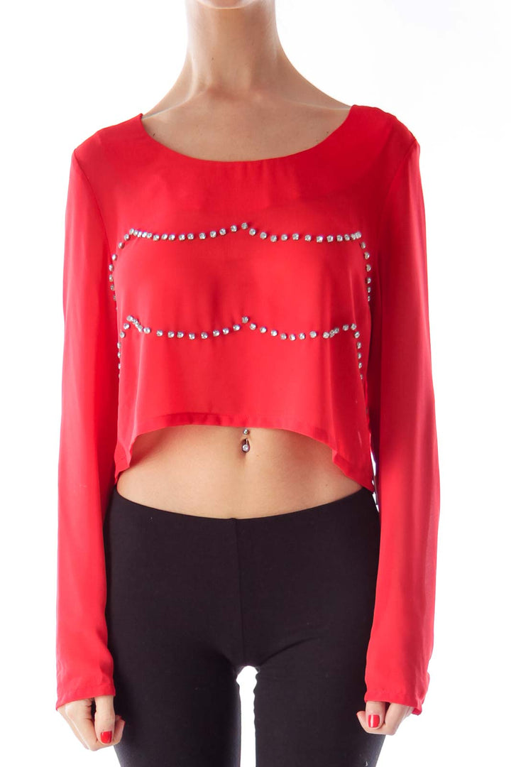 Red Long Sleeve Crop Blouse