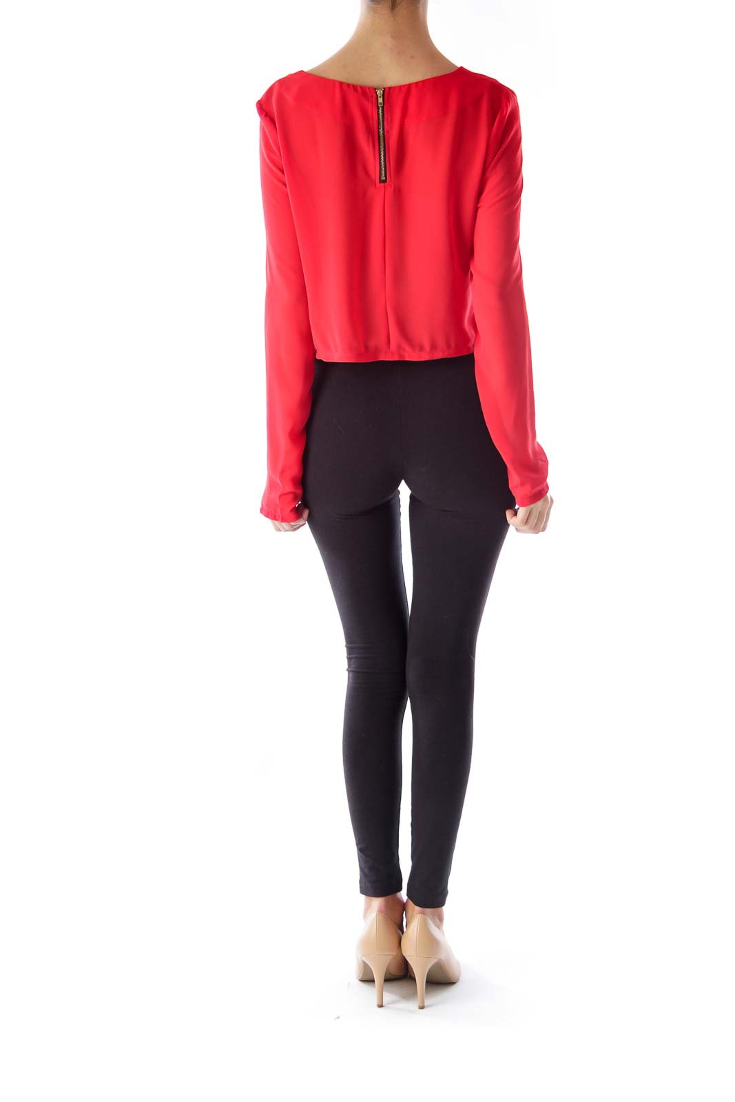 Red Long Sleeve Crop Blouse