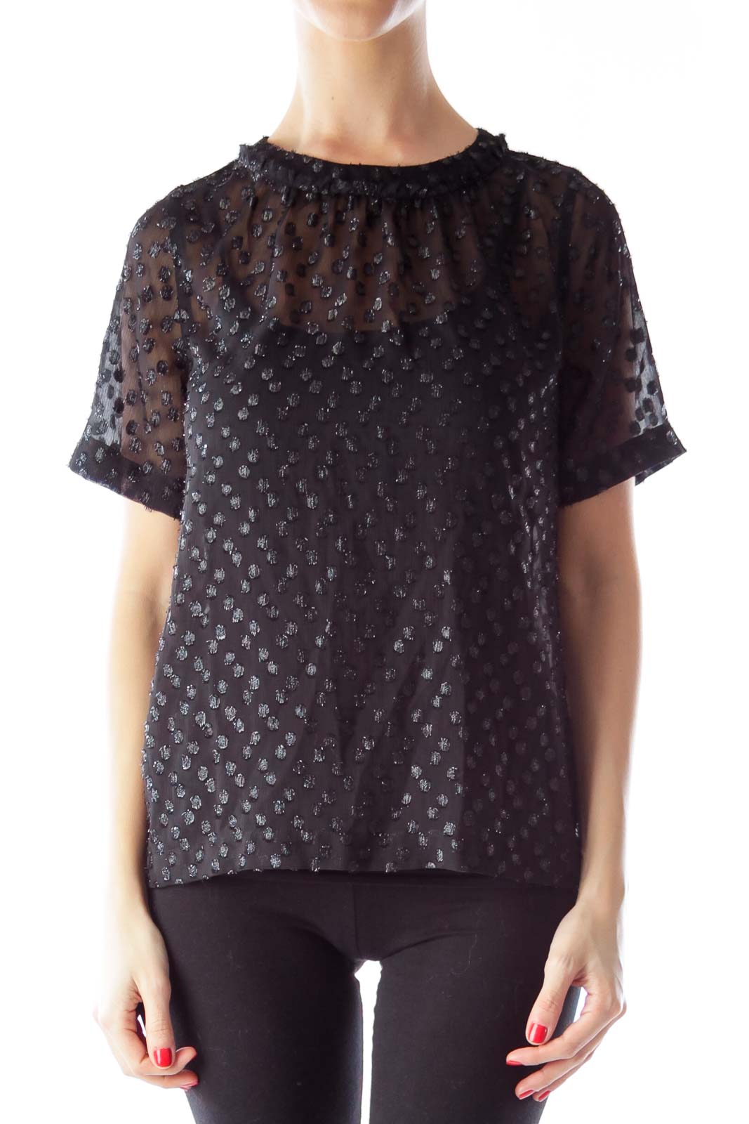 Front view of Madewell black sheer polka dot blouse