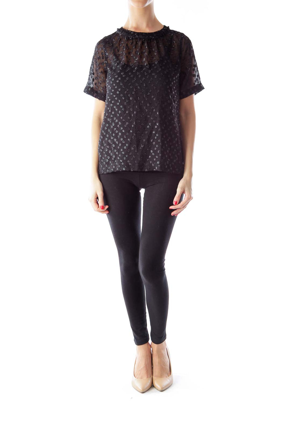 Front view of Madewell black sheer polka dot blouse