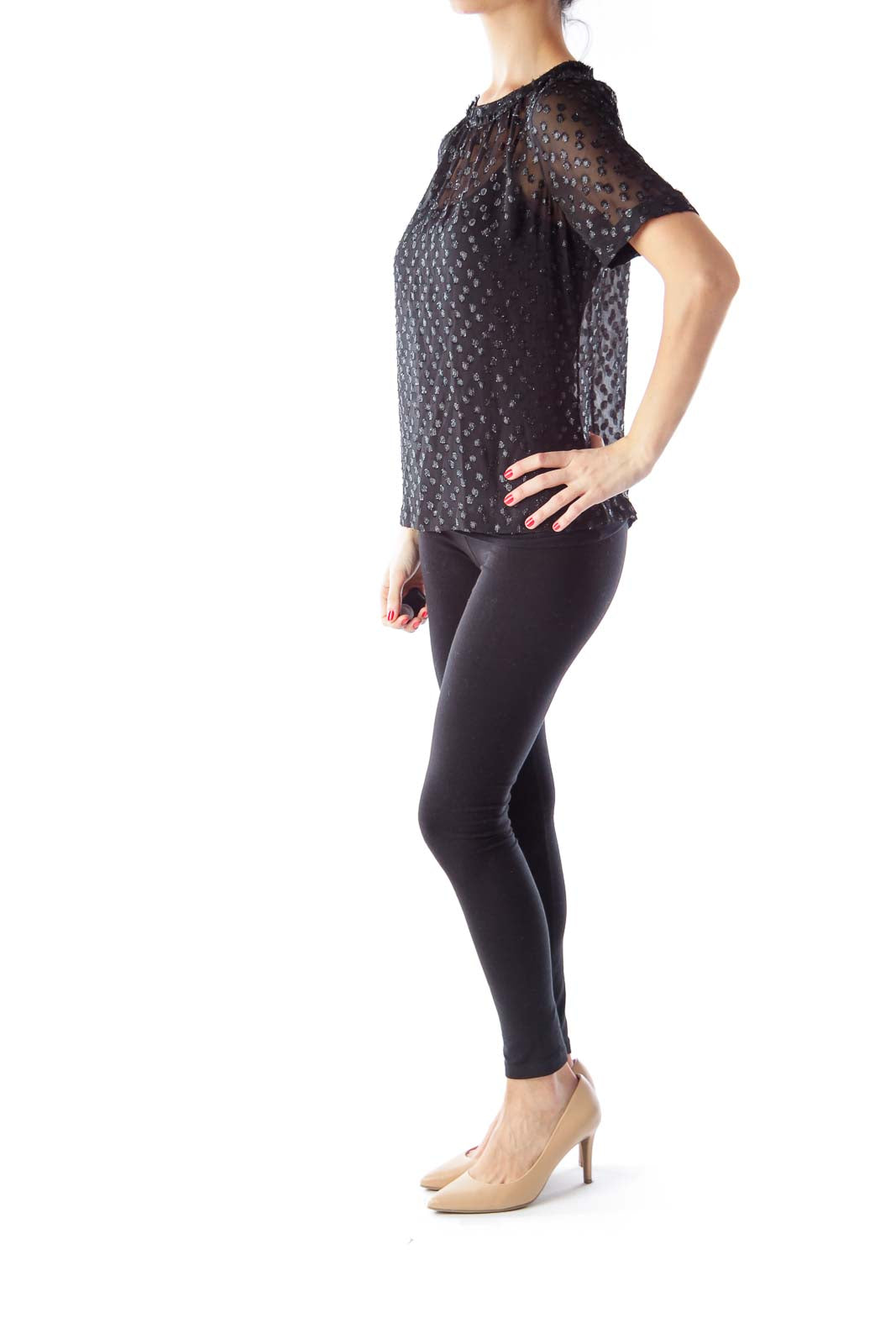 Front view of Madewell black sheer polka dot blouse