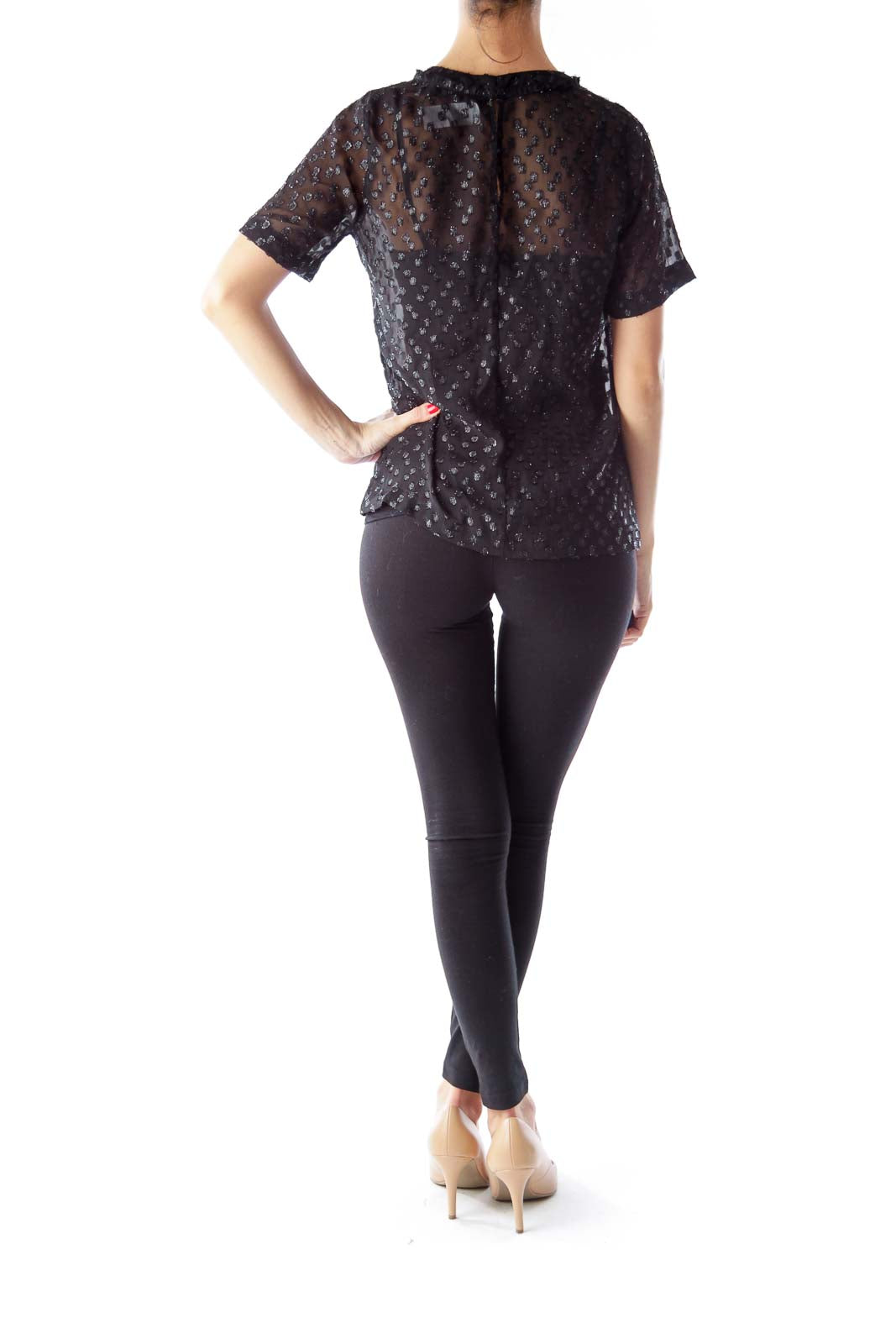 Back view of Madewell black sheer polka dot blouse with keyhole closure