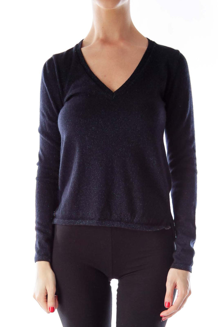 Navy Metallic V Neck Sweater