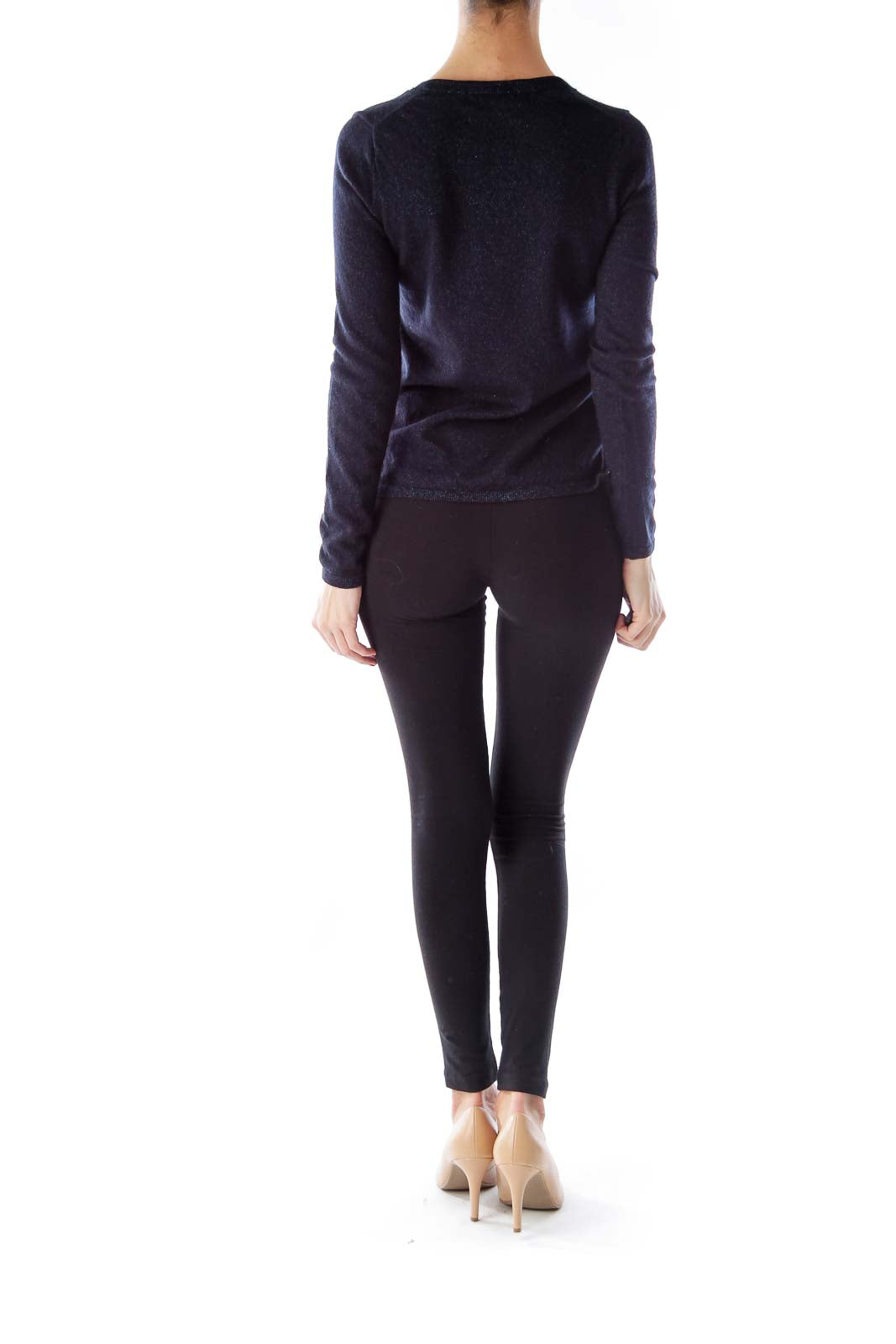 Navy Metallic V Neck Sweater