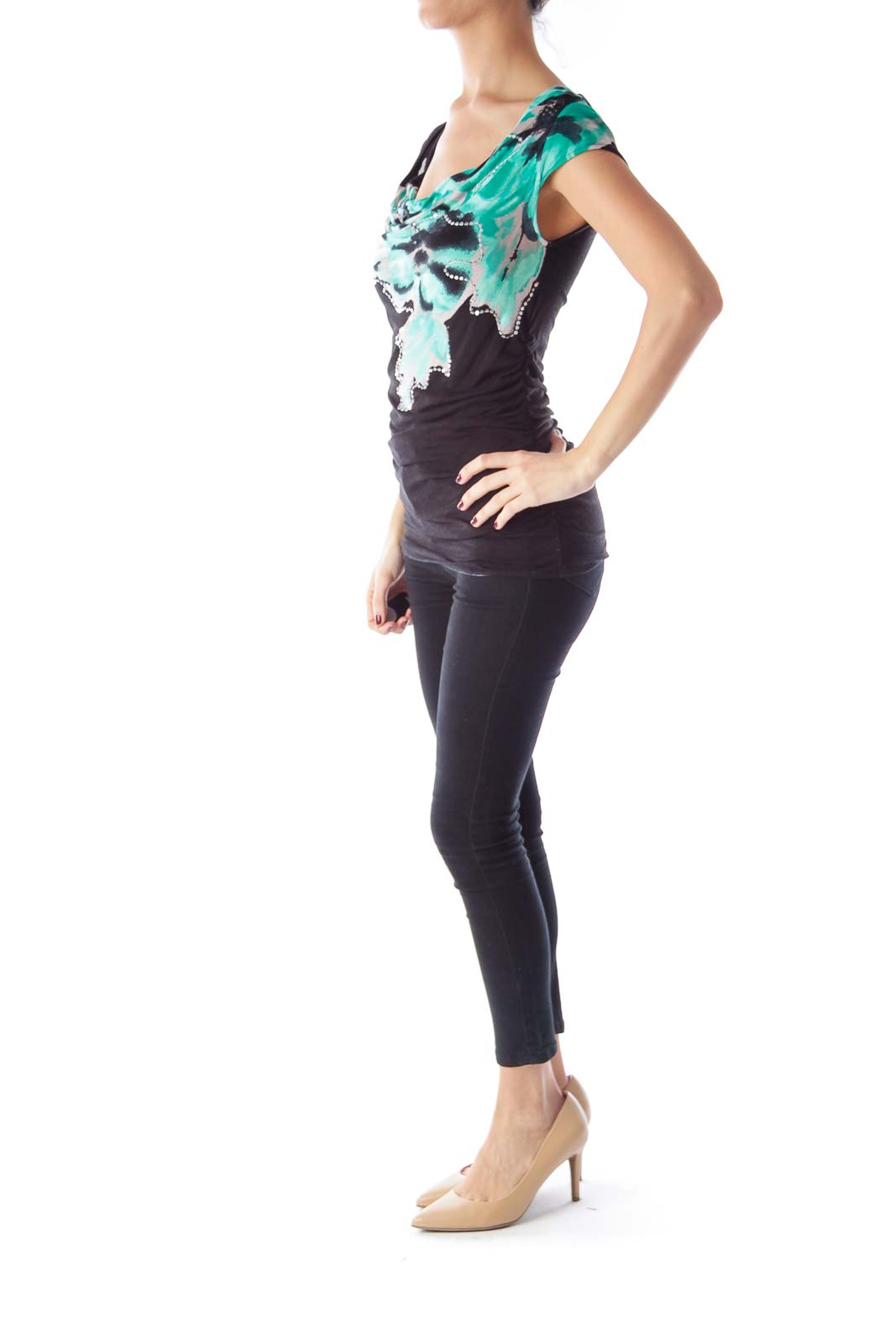 Black & Green Print Draped Top