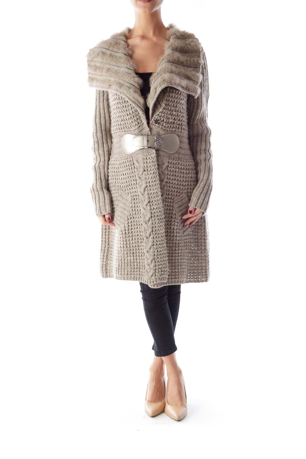 Gray Fur Long Knit Coat