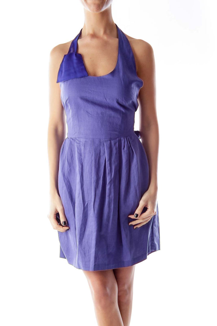 Front view of purple Cynthia Rowley halter neck cocktail dress