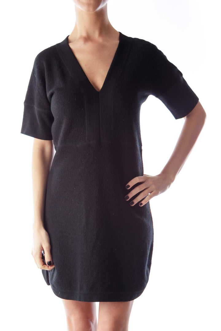 Black Wool V Neck Dress