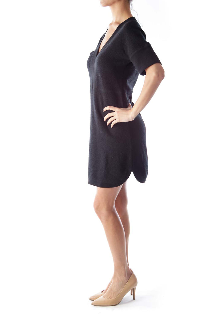 Black Wool V Neck Dress